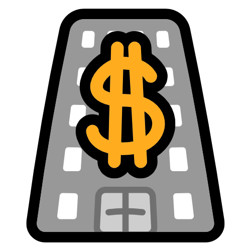 a grey highrise with an orange dollar sign with two vertical bars on it.